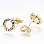 Brass Micro Pave Cubic Zirconia Ear Studs, Ring, Real 18K Gold Plated, 8x1.5mm, Pin: 0.7mm(EJEW-S201-47)