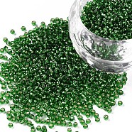 11/0 Grade A Transparent Glass Seed Beads, Silver Lined Round Hole, Round, Green, 2x1.5mm, Hole: 0.3mm, about 3000pcs/50g(X-SEED-Q007-F52)
