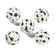 Christmas Printed Schima Wood European Beads, White, Round, Christmas Tree, 16x15mm, Hole: 4mm(WOOD-G024-02C)