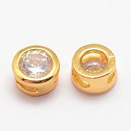 Brass Micro Pave Cubic Zirconia Beads, Flat Round, Lead Free & Nickel Free & Cadmium Free, Clear, Real 18K Gold Plated, 5.5x4mm, Hole: 1.5x2mm(ZIRC-P017-09G-NR)