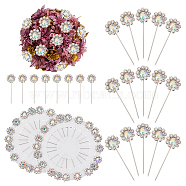 Alloy Rhinestone Flower Long Pins, Corsage Pins, Dress-making Pins, with Plastic Box, Platinum, 44x13mm, Pin: 0.8mm, about 20pcs/box(FIND-WH0111-322)
