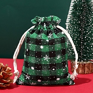Christmas Themed Burlap Drawstring Bags, Rectangle Tartan Pouches for Christmas Party Supplies, Dark Green, 14x10cm(XMAS-PW0001-236F)