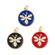 Brass Micro Pave Cubic Zirconia Pendants, with Jump Ring and Enamel, Real 18K Gold Plated, Flat Round with Bees, Mixed Color, 21x18x4mm, Hole: 3mm(KK-E108-02G)