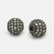 Brass Cubic Zirconia Beads, Round, Gunmetal, 6mm, Hole: 1.5mm(ZIRC-F001-02B-6MM)