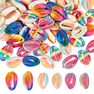 60Pcs 6 Colors Printed Natural Cowrie Shell Beads, No Hole/Undrilled, Rainbow Style, Mixed Color, 18~21x12~15x7mm, 10pcs/color(SSHEL-NB0001-42)