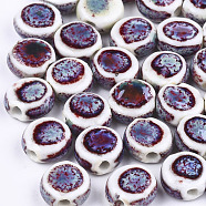 Handmade Porcelain Beads, Fancy Antique Glazed Porcelain, Flat Round, Colorful, 10~11x10.5~11x5~5.5mm, Hole: 1.5~2mm(PORC-S498-39J)