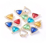 Glass Links connectors, with Eco-Friendly Alloy Open Back Berzel Findings, Faceted, Triangle, Light Gold, Mixed Color, 16x12x4.5mm, Hole: 1.2mm(GLAA-A037-E-KC)