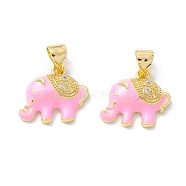 Rack Plating Brass Cubic Zirconia Charms, with Enamel, Cadmium Free & Lead Free, Real 18K Gold Plated, Elephant, Pink, 13x15x4mm, Hole: 4x4mm(KK-I684-01G-04-RS)