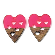 Resin and Walnut Pendants, Heart with Heart, for Valentine's Day Gift, Deep Pink, 37.5x29x3.5mm, Hole: 1.8mm(WOOD-I013-03B)