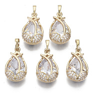 Brass Micro Cubic Zirconia Pendants, with Glass and Brass Snap on Bails, Teardrop, Light Gold, Clear, 19x12.5x8mm, Hole: 6x4mm(KK-N235-029)