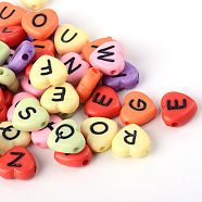 Horizontal Hole Opaque Acrylic Beads, Heart with Random Letters, Mixed Color, 10.5x11.5x4.5mm, Hole: 2mm, about 1200pcs/500g(SACR-Q126-04)