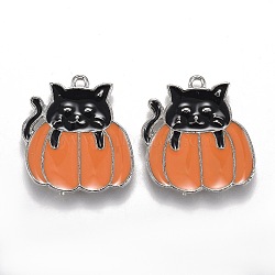 Autumn Theme Alloy Enamel Pendants, Black Cat with Orange Pumpkin, Platinum, 21x20x1.5mm, Hole: 1.6mm(X-ENAM-J649-06P-01)