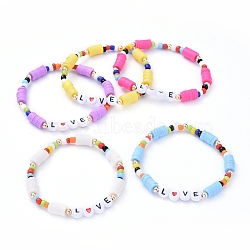 Handmade Polymer Clay Heishi Beads Stretch Bracelets, with Glass Seed Beads, Brass & Acrylic Beads, Mixed Color,  Inner Diameter: 2-1/8 inch(5.4cm)(BJEW-JB05159-M)