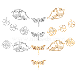 16Pcs 4 Style 201 Stainless Steel Filigree Joiners Links, Laser Cut, Dragonfly & Clovers & Teardrop & Flower, Golden & Stainless Steel Color, 13.5x20x1mm(STAS-SC0002-51)