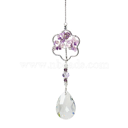 K9 Crystal Glass Big Pendant Decorations, Hanging Sun Catchers, with Amethyst Chip Beads, Flower with Tree of Life, Indigo, 392x46mm(HJEW-PW0001-013C)