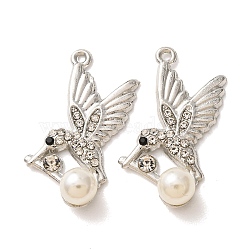 Alloy Rhinestone Pendants, with ABS Plastic Pearl, Bird Charms, Platinum, 32.8x19x7mm, Hole: 1.4mm(RB-CBAA987-08P)