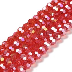 Transparent Glass Beads, 32 Facets, AB Color Plated, Round, Red, 8x7~7.5mm, Hole: 1.5mm, about 66pcs/strand, 18.82''~19.06''(47.8~48.4cm)(EGLA-A035-T8mm-B01)