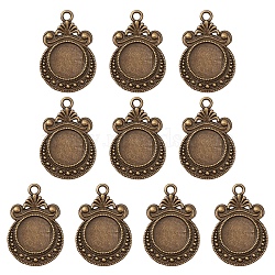 Tibetan Style Zine Alloy Pendant Cabochon Settings, Flat Round, Antique Bronze, Tray: 12mm, 28x19x2mm, Hole: 2mm(PALLOY-YW0001-72AB)