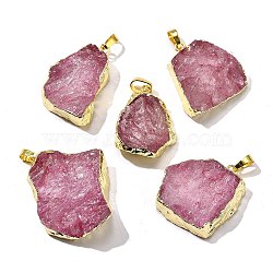 Raw Rough Natural Dyed Quartz Crystal Pendants, Nuggets Charms, with Brass Findings, Light Gold, Pale Violet Red, 21~45x18~39x8~19mm, Hole: 7x4.5mm(G-G895-05LG-07)