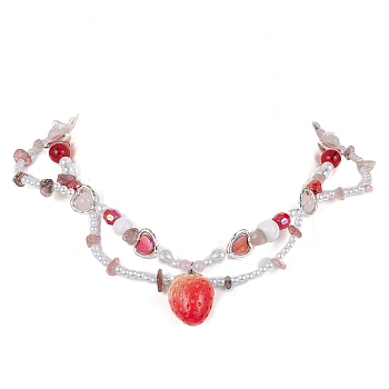 Resin Strawberry Pendant Necklace, with Natural Strawberry Quartz Chips & Alloy Heart & Acrylic Pearl Beaded Chains, Red, 17.32 inch(44cm)