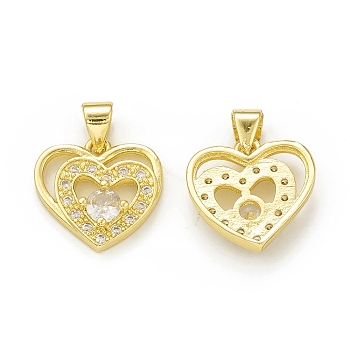 Rack Plating Brass Micro Pave Clear Cubic Zirconia Charms, Cadmium Free & Lead Free, Long-Lasting Plated, Double Heart Charm, Real 18K Gold Plated, 14.5x15x4mm, Hole: 4x3.5mm