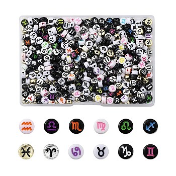 Mixed Style Acrylic Hashtag Beads, Flat Round with Twelve Constellations, Mixed Color, Mixed Color, 7x4mm, Hole: 1.6mm, 6 styles, 500pcs/box
