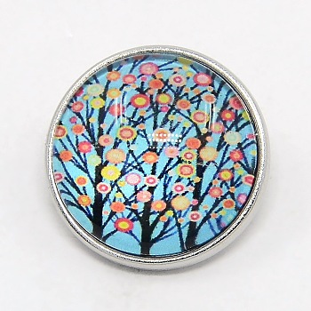 Platinum Plated Brass Glass Flat Round with Tree Jewelry Snap Buttons, Cadmium Free & Nickel Free & Lead Free, Light Sky Blue, 18x9mm, Knob: 5.5mm