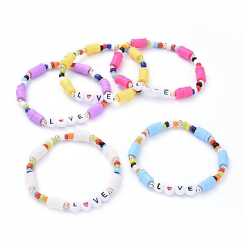 Handmade Polymer Clay Heishi Beads Stretch Bracelets, with Glass Seed Beads, Brass & Acrylic Beads, Mixed Color,  Inner Diameter: 2-1/8 inch(5.4cm)
