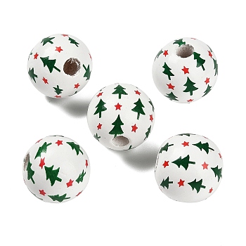 Christmas Printed Schima Wood European Beads, White, Round, Christmas Tree, 16x15mm, Hole: 4mm