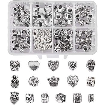Tibetan Style Alloy European Beads, Large Hole Beads, Mixed Shape, Antique Silver, Box: 110x70x30mm