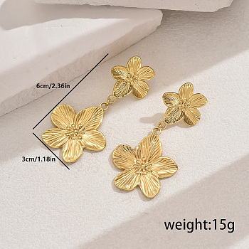 Elegant Stainless Steel Texture Flower Dangle Stud Earrings, Golden, 60x20mm