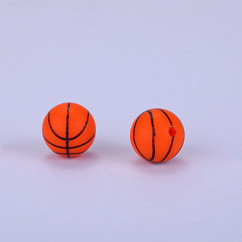 Printed Round with Basketball Pattern Silicone Focal Beads, Orange Red, 15x15mm, Hole: 2mm