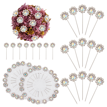 Alloy Rhinestone Flower Long Pins, Corsage Pins, Dress-making Pins, with Plastic Box, Platinum, 44x13mm, Pin: 0.8mm, about 20pcs/box