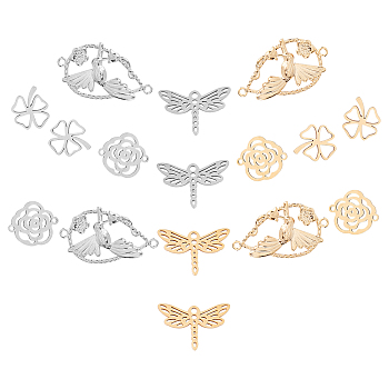 16Pcs 4 Style 201 Stainless Steel Filigree Joiners Links, Laser Cut, Dragonfly & Clovers & Teardrop & Flower, Golden & Stainless Steel Color, 13.5x20x1mm