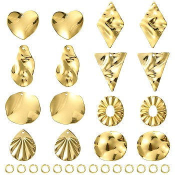 16Pcs 8 Style 201 Stainless Steel Pendants, with 304 Stainless Steel Jump Rings, Rhombus & Triangle & Heart & Oval & Nugget Charms, Real 18K Gold Plated, 6~32.5x6~23x0.5~1mm, Hole: 1.2~1.6mm, 2Pcs/style