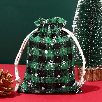 Christmas Themed Burlap Drawstring Bags, Rectangle Tartan Pouches for Christmas Party Supplies, Dark Green, 14x10cm