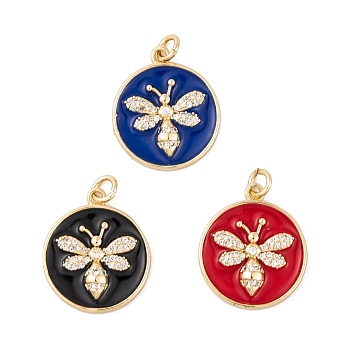 Brass Micro Pave Cubic Zirconia Pendants, with Jump Ring and Enamel, Real 18K Gold Plated, Flat Round with Bees, Mixed Color, 21x18x4mm, Hole: 3mm