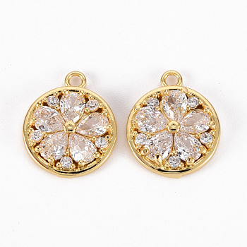 Brass Micro Pave Clear Cubic Zirconia Charms, Flower, Real 18K Gold Plated, 13x11x2.5mm, Hole: 1.2mm