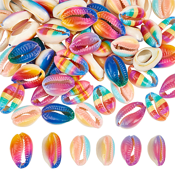 60Pcs 6 Colors Printed Natural Cowrie Shell Beads, No Hole/Undrilled, Rainbow Style, Mixed Color, 18~21x12~15x7mm, 10pcs/color