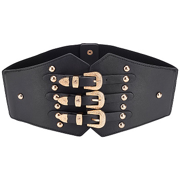 PU Leather Wide Elastic Corset Belts, Light Gold Alloy Clasp Lace-up Waist Belt for Women Girl, Black, 28 inch(71cm)