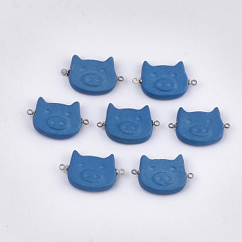 Handmade Porcelain Links connectors, Frosted, with Brass Findings, Piggy Head Findings, Platinum, Steel Blue, 26x17~17.5x5mm, Hole: 1.5mm