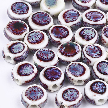 Handmade Porcelain Beads, Fancy Antique Glazed Porcelain, Flat Round, Colorful, 10~11x10.5~11x5~5.5mm, Hole: 1.5~2mm
