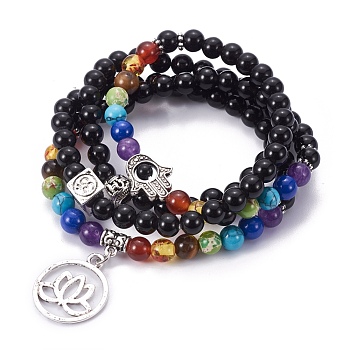 Natural Obsidian Wrap Bracelets, Four Loops, Stretch, Chakra Style, with Metal Pendants, 27.5 inch(20cm)