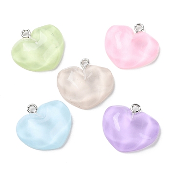 Translucent Resin Pendants, Water Ripple Charms with Platinum Plated Iron Loops, Mixed Color, Heart, 20x21x7mm, Hole: 2mm
