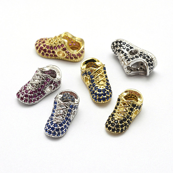 Brass Micro Pave Grade AAA Cubic Zirconia Beads, Shoes, Lead Free & Nickel Free & Cadmium Free, Hollow, Mixed Color, 13.5x6x6.5mm, Hole: 2mm