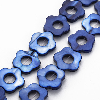 Freshwater Shell Beads Frames Strands, Dyed, Flower, Blue, 14.5~15x15~16x2.5mm, Hole: 1mm, about 23pcs/strand, 13.19 inch(35cm)