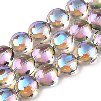 Transparent Electroplate Glass Bead Strands, Half Rainbow Plated, Flat Round, Plum, 12x8mm, Hole: 1.2mm, about 50pcs/strand, 24.41''(62cm)