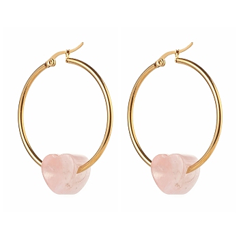 Heart Natural Rose Quartz Beads Earrings for Girl Women, 304 Stainless Steel Big Hoop Earrings, Golden, 49x39.5mm, Pin: 0.8mm
