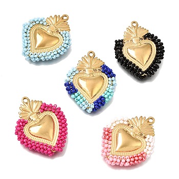 304 Stainless Steel Pendants, with Glass Seed Beads, Sacred Heart Charms, Ion Plating(IP), Golden, Mixed Color, 38x29x5.5mm, Hole: 2mm