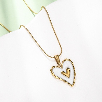 304 Stainless Steel White Enamel Pendant Necklaces for Women, Golden, Heart, 15.55 inch(39.5cm)